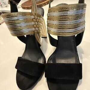 Ferragamo Lenny Black, Gold, and Silver Woven Sculptural Heels Size 7M